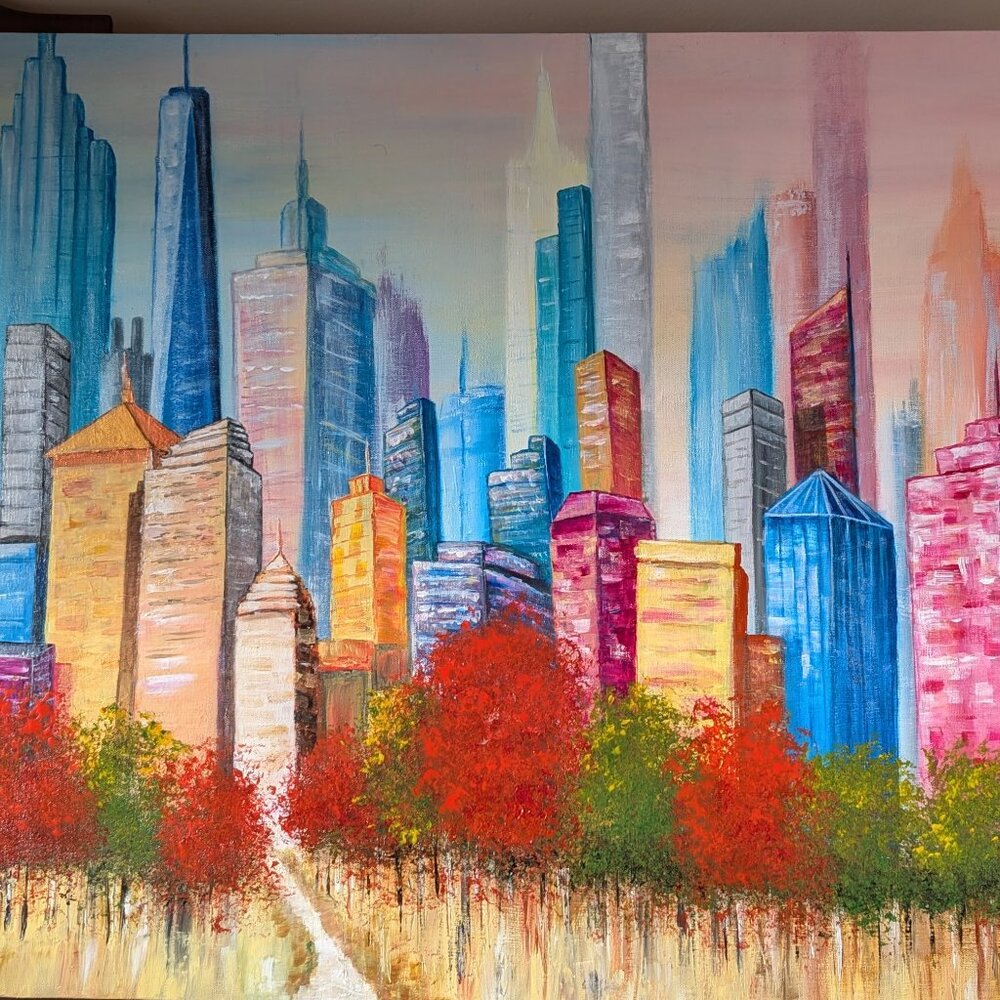 Original Colorful Acrylic Painting New York City Skyline From Central Park 30x24 - Picture 3 of 14
